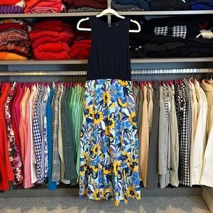 Donna Morgan navy/yellow floral elastic waistband button back keyhole dress 2